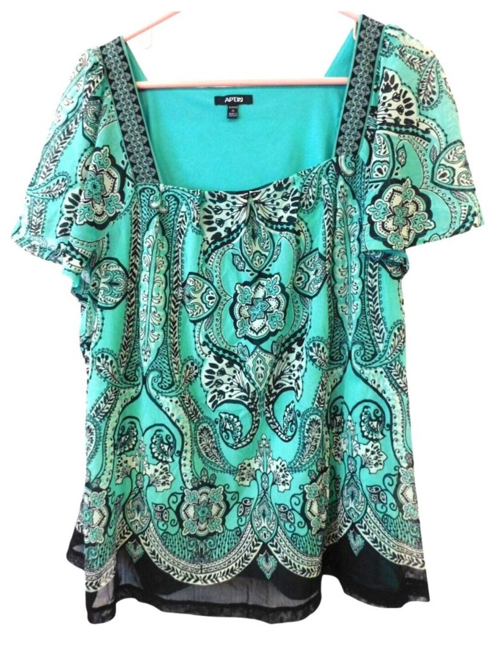 Apt 9 Women’s 1X Teal Paisley Print Peasant Top Boho Flowy Short Sleeve Blouse